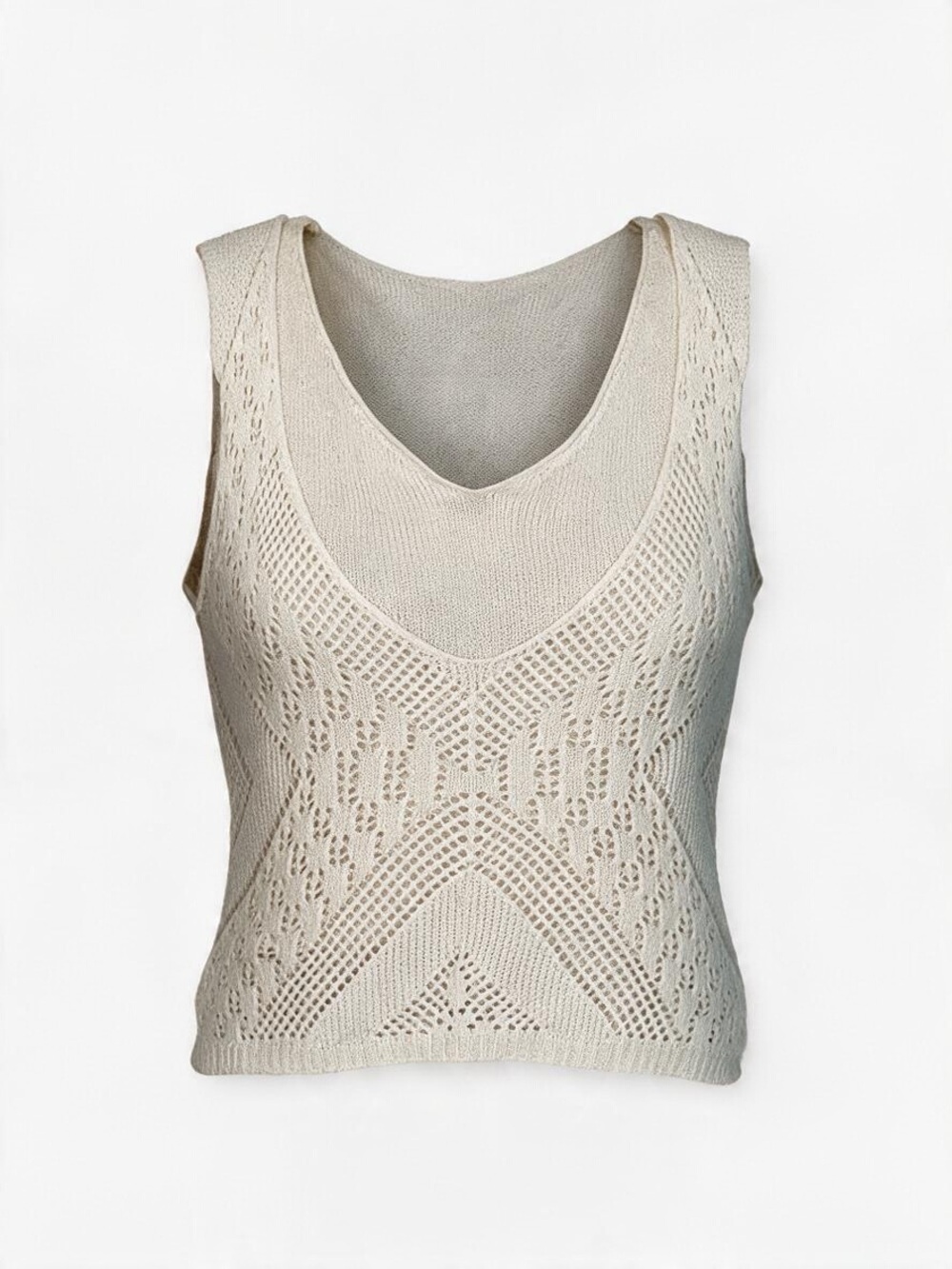Vintage Cream Crochet Knit Tank, Scalloped Hem